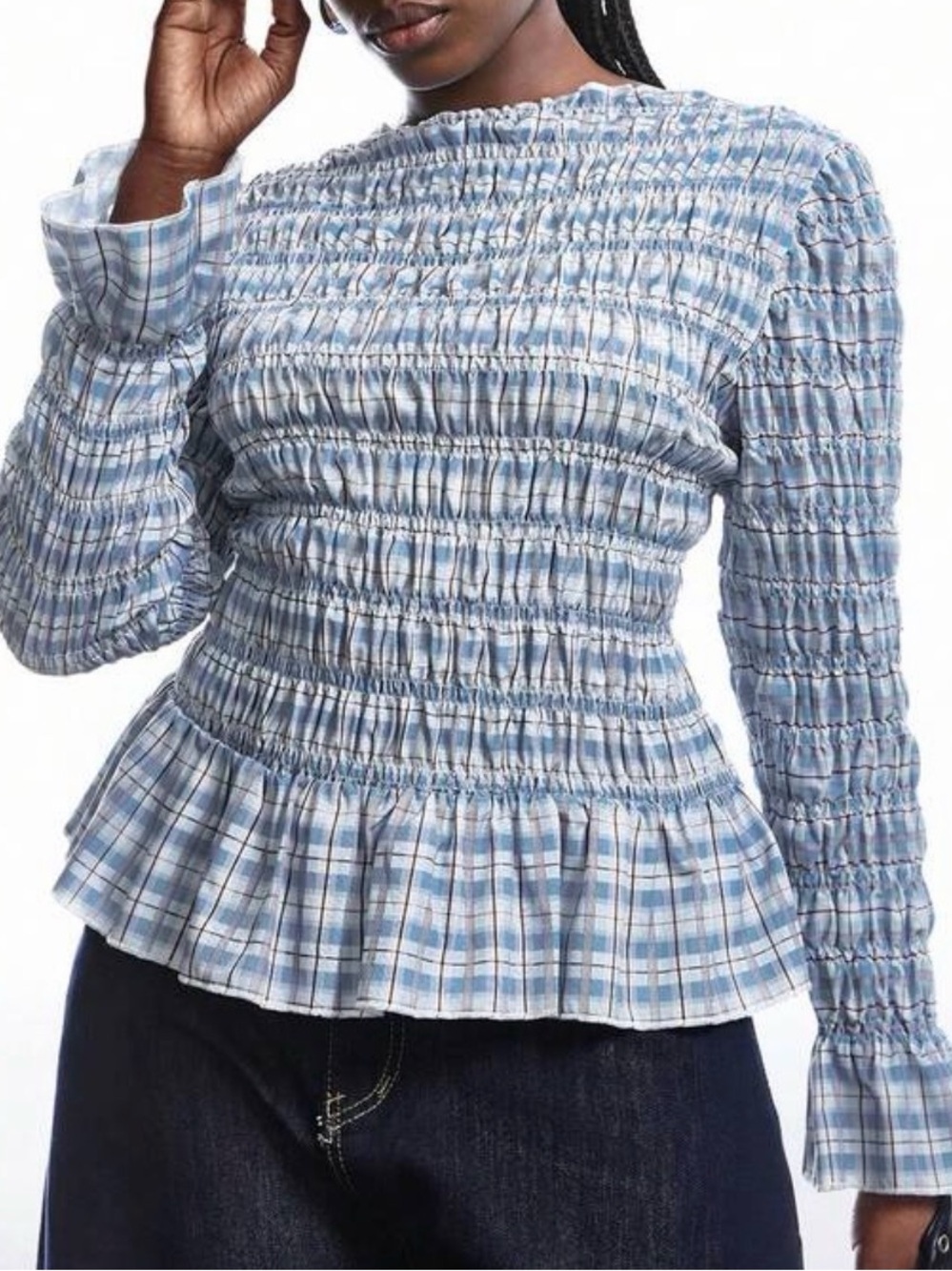 Smocked Plaid Long-Sleeve Peplum Top - Light Blue